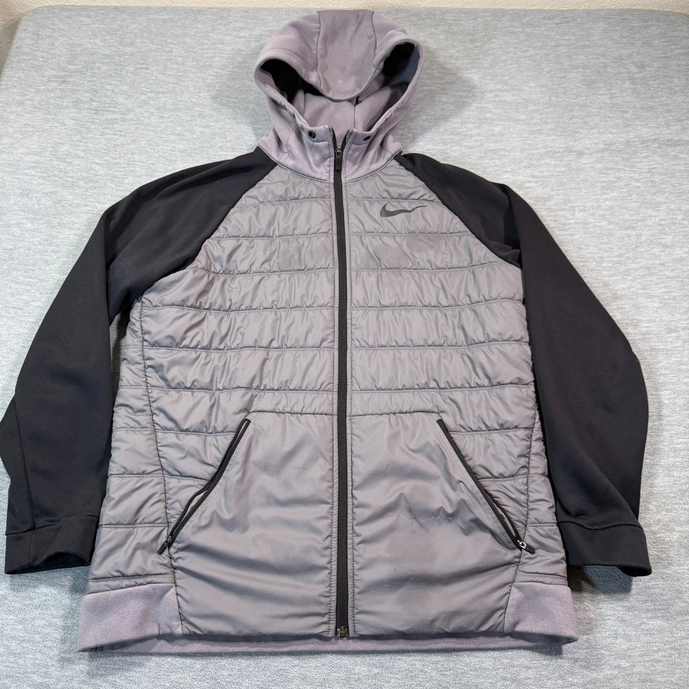 Nike Hoodie Men Large Gray Black Full Zip Quilted Thermal Mixed Media Zip Pocket